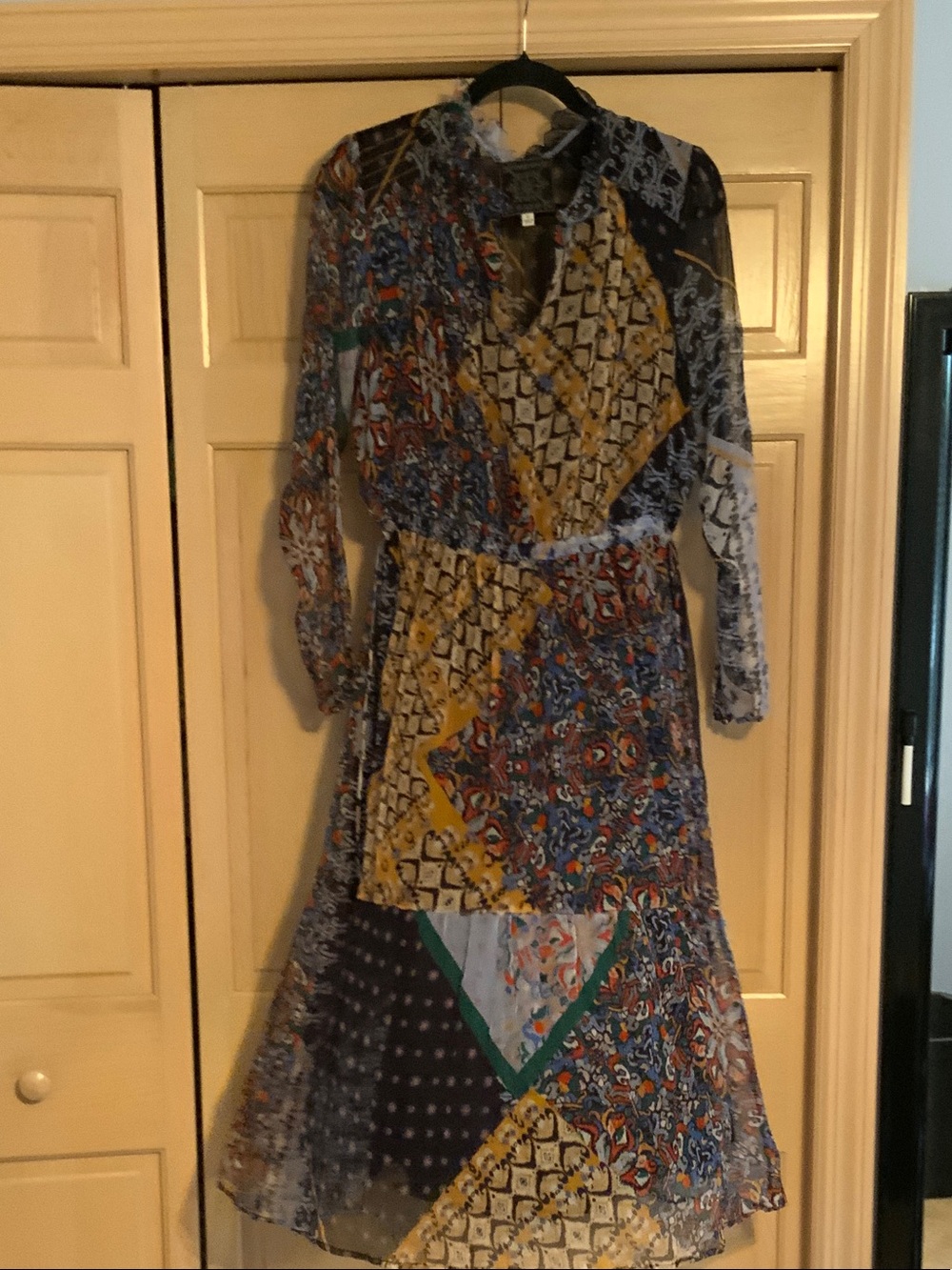 Johnny Was Patchwork Long Sleeve Midi Dress in Yellow, Blue & Green